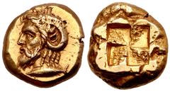Greek Mysia, Kyzikos EL Stater. Circa 400-330 BC. Laureate head of Zeus Ammon left, with ram's horn and ear, hair braided in long locks hanging down back of neck; below, tunny fish to left / Quadripar