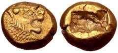 Greek Kingdom of Lydia, Alyattes EL Trite - 1/3 Stater. Sardes, circa 610-546 BC. Head of roaring lion right, sunburst with multiple rays on forehead / Two incuse square punches. Traité II/1, 44, pl. 