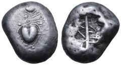 Greek Kyrenaika, Kyrene AR Tetradrachm. Circa 535 BC. Two silphium fruits attached by tendrils / Rectangular rough incuse square with striations, divided into two segments. Unpublished in the standard