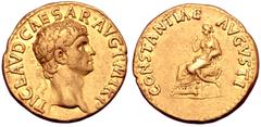 Roman Imperial Claudius AV Aureus. Rome, AD 41-42. TI•CLAVD•CAESAR•AVG•P•M•TR•P•, laureate head right / CONSTANTIAE AVGVSTI, Antonia seated left on curule chair, her right hand raised before her face.