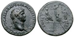 Roman Imperial Nero Æ Sestertius. Rome, AD 64. NERO CLAVD CAESAR AVG GERM P M TR P IMP P P, laureate head right / CONG I DAT [POP], Nero seated to right on curule chair on raised dais, to left of an o