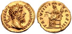 Roman Imperial Lucius Verus AV Aureus. Rome, AD 168. L VERVS AVG ARM PARTH MAX, laureate and draped bust right / TR P VIII•IMP V COS III, Aequitas seated to left, holding scales and cornucopiae. RIC 5