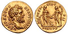 Roman Imperial Septimius Severus AV Aureus. Rome, AD 194. L•SEPT•SEV•PERT•AVG•IMP II, laureate head right / DIS•AVSPICIB•TR P II, Hercules standing to left, holding club and with lion's skin draped ov
