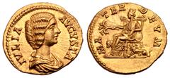 Roman Imperial Julia Domna (wife of S. Severus) AV Aureus. Rome, AD 196-211. IVLIA AVGVSTA, draped bust right / MATER DEVM, Cybele seated left on throne, towered, holding branch in right hand and rest