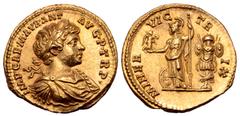 Roman Imperial Caracalla AV Aureus. Rome, AD 198. IMP CAE M AVR ANT AVG P TR P •, laureate, draped and cuirassed bust right / MINER VICTRIX, Minerva standing left, holding Victory and inverted spear; 