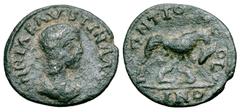 Roman Imperial Annia Faustina (wife of Elagabalus) Æ17 of Antioch, Pisidia. AD 221. ANNIA FAVSTINA A[VG], draped bust right / The Capitoline Wolf suckling the twins Romulus and Remus. SNG France 1184.