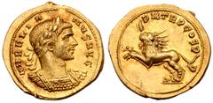 Roman Imperial Aurelian AV Aureus. Rome, AD 272. AVRELIANVS AVG, laureate and cuirassed bust right, with slight drapery on left shoulder / P M TR P COS P P, radiate lion leaping to left, holding thund