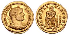 Roman Imperial Maximian AV Aureus. Rome, AD 293-294. MAXIMIANVS AVGVSTVS, laureate, draped and cuirassed bust right / HERCVLI VICTORI, Hercules seated facing on rock, head to right, lion's skin on lap