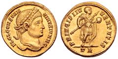 Roman Imperial Constantine II, as Caesar, AV Solidus. Treveri, AD 326-327. FL CL CONSTANTINVS IVN N C, laureate head right / PRINCIPI IVVENTVTIS, Constantine II standing right, in military attire and 