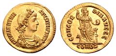 Roman Imperial Valentinian II AV Solidus. Constantinople, AD 380-381. D N VALENTINIANVS IVN P F AVG, rosette-diademed, draped and cuirassed bust right / CONCORDIA AVGGG, Constantinopolis seated facing