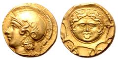Greek Sicily, Syracuse AV Dilitron. Emergency issue of the Second Democracy, winter 406/5 BC. Obverse die signed by 'IM...'. Head of Athena left, wearing crested Attic helmet decorated with serpent, p