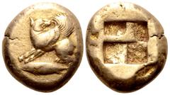 Greek Mysia, Kyzikos EL Stater. Circa 500-450 BC. Winged dog seated to left, head reverted to right; tunny fish below to left / Quadripartite incuse square. Von Fritze 104; BMFA 1433; SNG France 245. 