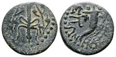 Greek Lydia, Mastaura Æ14. Circa 1st century BC. Filleted thyrsos within wreath / MAΣ[ΤΑΥP]EITΩN, cornucopiae. SNG Copenhagen 276; BMC 2; SNG von Aulock -. 2.46g, 14mm, 6h. Very Fine.