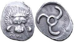 Greek Dynasts of Lycia, Trbbenimi AR Stater. Zemura (Limyra), circa 390-375 BC. Facing lion scalp; small triskeles and horizontal Z (in Lycian) below / Triskeles with small T in centre; TRBBẼNE (in Ly