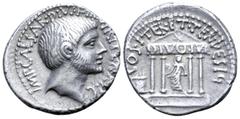 Roman Imperatorial Octavian AR Denarius. Southern or central Italian mint, spring - early summer 36 BC. Bare head right, with beard; IMP•CAESAR•DIVI•F•III• VIR•ITER•R•P•C around / Tetrastyle temple of