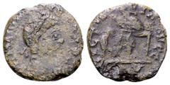 Roman Imperial Majorian Æ Nummus. Ravenna, AD 457-461. D N MAIORIANVS P F AVG, pearl-diademed, draped, and cuirassed bust right / VICTORIA AVGG, emperor standing facing, head left, placing right hand 
