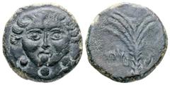 Greek Sicily, Motya Æ Tetras. Circa 415-397 BC. Facing gorgoneion; ••• below / Palm tree; Punic M T V' across fields. Giesecke, Sicilia 34, pl. 11, 4; Jenkins, Punic pl. 23, 8; CNS I 1; HGC 940. 2.88g