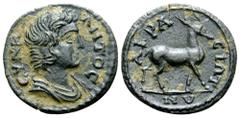 Greek Lydia, Akrasos Æ16. Pseudo-autonomous issue struck during the reign of Septimius Severus, AD 193-211. Bareheaded and draped bust of the Senate right; CΥΝ ΚΛΗΤΟC around / Stag standing right; AKP
