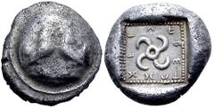 Greek Dynasts of Lycia, Teththiveibi AR Stater. 460-425 BC. Two cockerels facing one another on a round shield; monogram between them / Tetraskeles, legend around, within dotted square. Cf. Traité II,