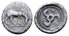 Greek Dynasts of Lycia, Khinakha AR Obol. Circa 460-420 BC. Horse grazing right / Triskeles, KEN (in Lycian script) around; all within circle. cf. SNG Von Aulock 4126 (stater). 0.58g, 9mm. Good Very F