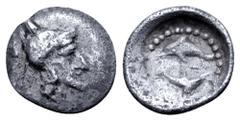 Greek Dynasts of Lycia, uncertain dynast AR Hemiobol. Circa 400-380 BC. Bearded and helmeted male head right / Two dolphins circling within dotted border; all within incuse circle. Unpublished in the 