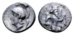 Greek Persia, Achaemenid Empire AR Tetartemorion. Uncertain mint in Cilicia, 4th century BC. Persian king or hero in kneeling-running stance right, holding knife and bow / Helmeted head of Athena left