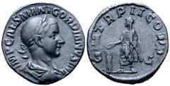 Roman Imperial Gordian III Ӕ Sestertius. Rome, AD 239. IMP CAES M ANT GORDIANVS AVG, laureate, draped and cuirassed bust right / P M TR P II COS P P, Gordian standing right, holding patera over lighte