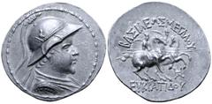 Greek Greco-Baktrian Kingdom, Eukratides I 'the Great' AR Tetradrachm. Circa 170-145 BC. Helmeted bust right / The Dioskouroi on horses prancing right, each holding spear and palm; ΒΑΣΙΛΕΩΣ ΜΕΓΑΛΟΥ ab