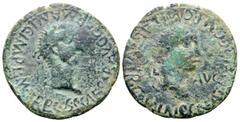 Roman Provincial Caligula, with Caesonia, Æ22 of Carthago Nova, Hispania. Circa AD 37. C CAESAR AVG GERMANIC IMP P M TR P COS, laureate head of Caligula right / CN ATEL FLAC CN POM FLAC II VIR QVINC, 