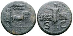 Roman Imperial Germanicus (father of Caligula) Æ Dupondius. Rome, AD 37-41. GERMANICVS CAESAR, Germanicus, bareheaded and draped, standing right in chariot, holding eagle-tipped sceptre and reins in l