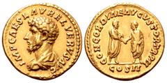 Roman Imperial Lucius Verus AV Aureus. Rome, AD 162. IMP CAES L AVREL VERVS AVG, bare-headed and draped bust left, seen from behind / CONCORDIAE AVGVSTOR TR P II, Lucius Verus standing right, clasping