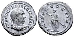 Roman Imperial Balbinus AR Denarius. Rome, AD 238. IMP C D CAEL BALBINVS AVG, laureate, draped and cuirassed bust right / P M TR P COS II P P, emperor, togate, standing left, holding branch and parazo