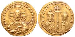 Byzantine Basil II Bulgaroktonos, with Constantine VIII, AV Histamenon Nomisma. Constantinople, AD 989-1001. +IhS XIS REX REGNANTINM, facing bust of Christ Pantokrator / +bASIL C CONSTANTI b R, crowne