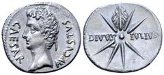 Roman Imperial Augustus AR Denarius. Uncertain Spanish mint (Colonia Caesaraugusta?), 19-18 BC. CAESAR AVGVSTVS, head left, wearing oak wreath / Eight-rayed comet with tail upwards, DIVVS IVLIVS acros