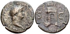 Roman Imperial Nero Æ Sestertius. Rome, circa AD 64(?). NERO•CLAVD•CAESAR• AVG•GER•P•M•TR•P•IMP P P, laureate bust right / Garlanded triumphal arch surmounted by statue of Nero in facing quadriga, esc