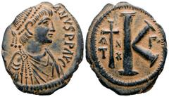 Byzantine Justinian I Æ Mule Nummus. Theoupolis (Antioch), AD 527-565. [D N IVSTINI]ANVS P P AVG, pearl-diademed, draped, and cuirassed bust right / Large K; Γ before, cross dividing AN and TX behind.