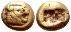 Greek Kingdom of Lydia, Alyattes EL Trite - 1/3 Stater. Sardes, circa 610-546 BC. Head of roaring lion right, sunburst with multiple rays on forehead / Two incuse square punches. Traité II/1, 44, pl. 