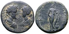 Roman Provincial Caracalla, with Plautilla, Æ30 of Cnidus, Caria. Circa AD 202-205. [AV] T K [..], laureate, draped and cuirassed bust of Caracalla right, facing draped bust of Plautilla left / ΚΝ[Ι]Δ