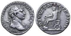 Roman Imperial Trajan AR Denarius. Rome, AD 112-114. IMP TRAIANVS AVG GER DAC P M TR P [COS] VI P P, laureate bust right, with drapery on far shoulder / DIVVS PATER TRAIAN, Divus Pater seated left, ho