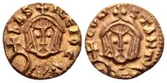 Byzantine Basil I 'the Macedonian', with Constantine, Debased AV Semissis. Syracuse, AD 868-878. bASILЄIOC, bust facing, wearing crown and loros and holding globus cruciger / CONSTANT, bust facing, we