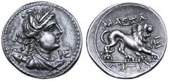 Greek Gaul, Massalia AR Drachm. Circa 150-130 BC. Draped bust of Artemis right, wearing stephane, bow and quiver over shoulder; ligate HE to right / Lion standing right; MAΣΣAΛIHTΩN above and below, l