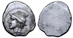 Greek Etruria, Populonia AR Didrachm. 4th century BC. Head of Turms left, wearing winged petasos, Etruscan legend 'poepl' around; all within dotted border / Blank. EC I, 11 (O1); SNG Firenze 70; I. Ve