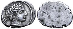 Greek Etruria, Populonia AR 10 Asses. Circa 300-250 BC. Laureate male head right, with sideburn; + behind / Blank. EC I, 74, 1-2 (O14) HN Italy 169. 4.12g, 20mm. Near Extremely Fine. Extremely Rare; t