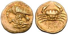 Greek Sicily, Akragas AV 2 Litrai - Diobol. Emergency issue, circa 406 BC. Eagle with closed wings perching on rock to right, tearing at serpent; AKPA above, two pellets (mark of value) on rock / Crab