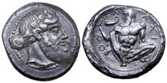 Greek Sicily, Naxos AR Tetradrachm. Circa 460 BC. Bearded head of Dionysos right, wearing ivy wreath, his hair tied in a krobylos behind / Nude, bearded and ithyphallic Silenos squatting facing, head 