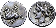 Greek Corinthia, Corinth AR Drachm. Circa 308-307 BC. Pegasos flying left; Q below / Head of Aphrodite left, wearing earring and necklace, hair tied with ribbon and bound at top, falling loose behind;