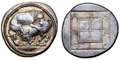 Greek Macedon, Akanthos AR Tetradrachm. Circa 470-430 BC. Lion to right, attacking bull crouching to left with head half-facing; in exergue, tunny fish to left / AKANΘION in shallow incuse around quad
