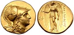 Greek Kingdom of Macedon, Alexander III AV Stater. Ephesos, circa 300 BC. Head of Athena to right, wearing earring and triple-crested Corinthian helmet decorated with serpent on bowl / Nike standing t