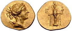 Greek Ionia, Ephesos AV Stater. Circa 155-140 BC. Draped bust of Artemis right, wearing stephane, and with bow and quiver over shoulder / Cult statue of the Artemis of Ephesos facing, a fillet hanging