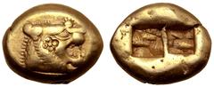 Greek Kingdom of Lydia, Alyattes EL Trite - 1/3 Stater. Sardes, circa 610-546 BC. Head of roaring lion right, sunburst with multiple rays on forehead / Two incuse square punches. Traité II/1, 44, pl. 
